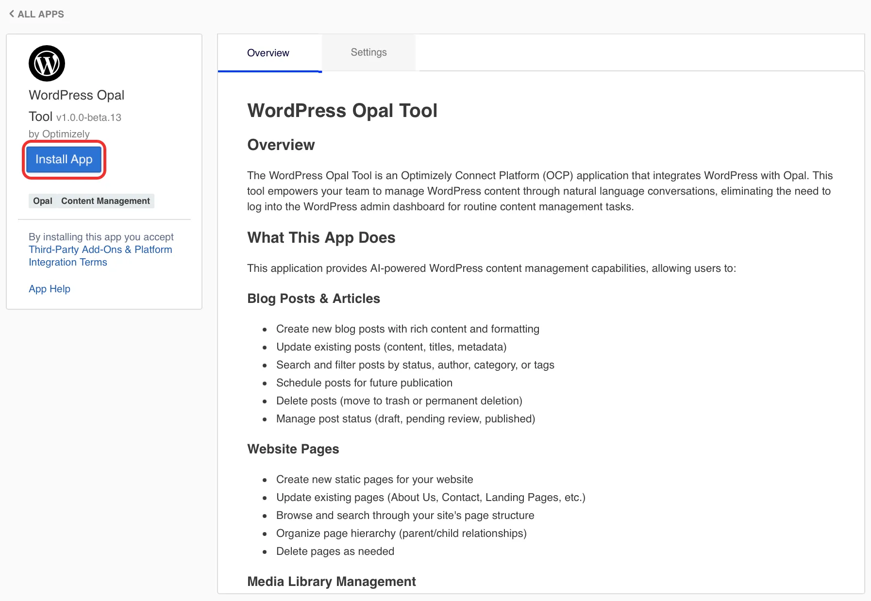 Screenshot of the OCP App Directory showing the Install App button for the WordPress connector