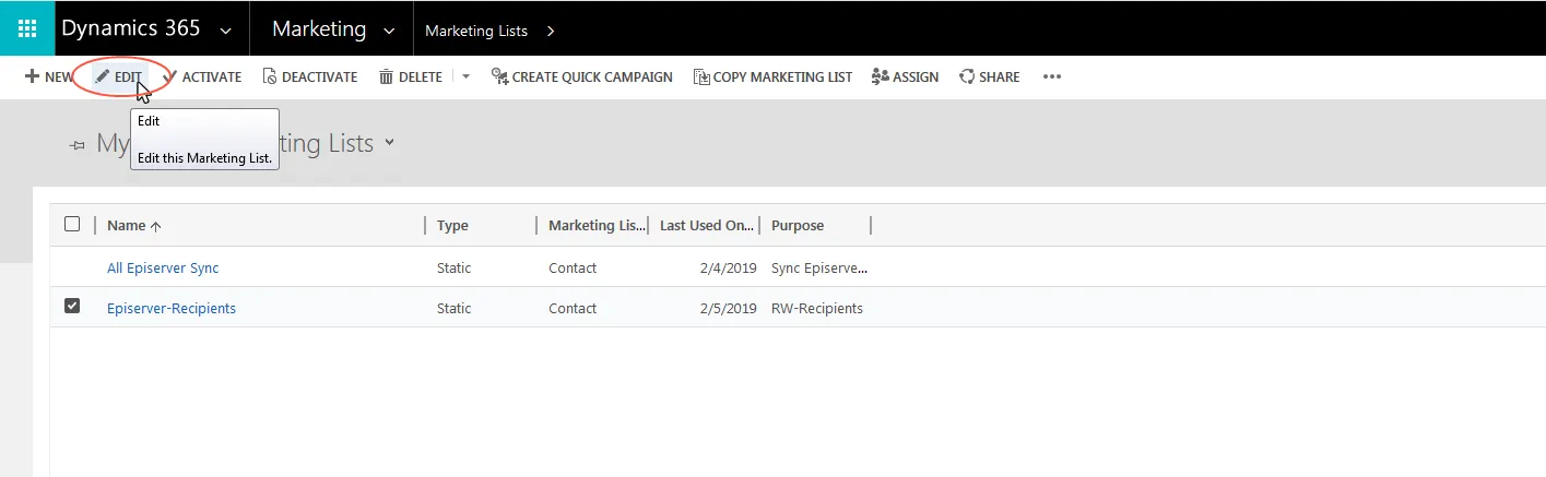 Bild: Marketingliste bearbeiten