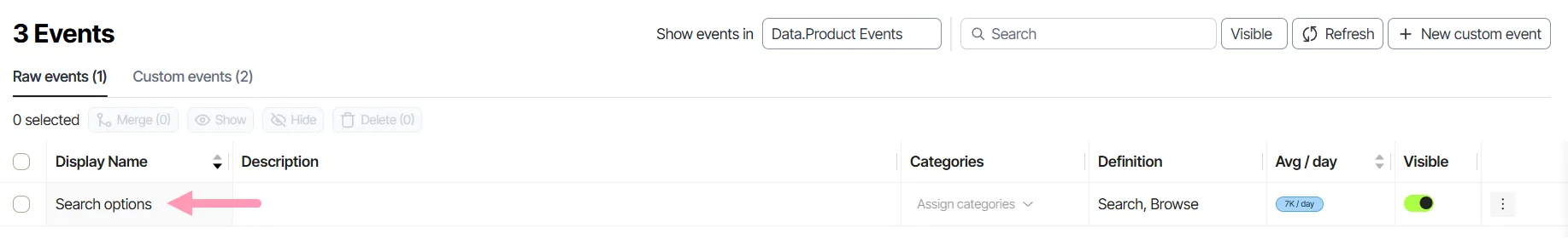 Merged event in the events list