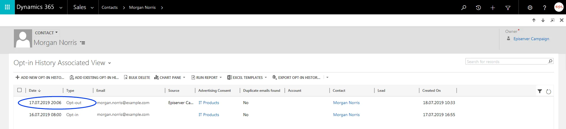 Image: Most recent entry in the opt-in history