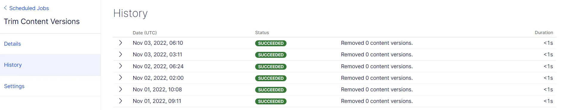 Scheduled Job History tab Scheduled Job History tab