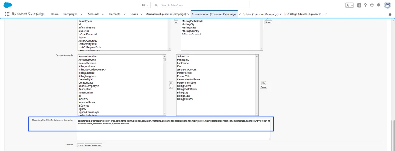Image: Field list for Episerver Campaign