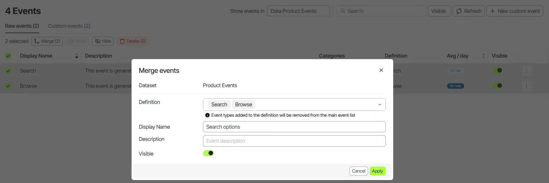 Enter the display name, description, and visibility for the merged event