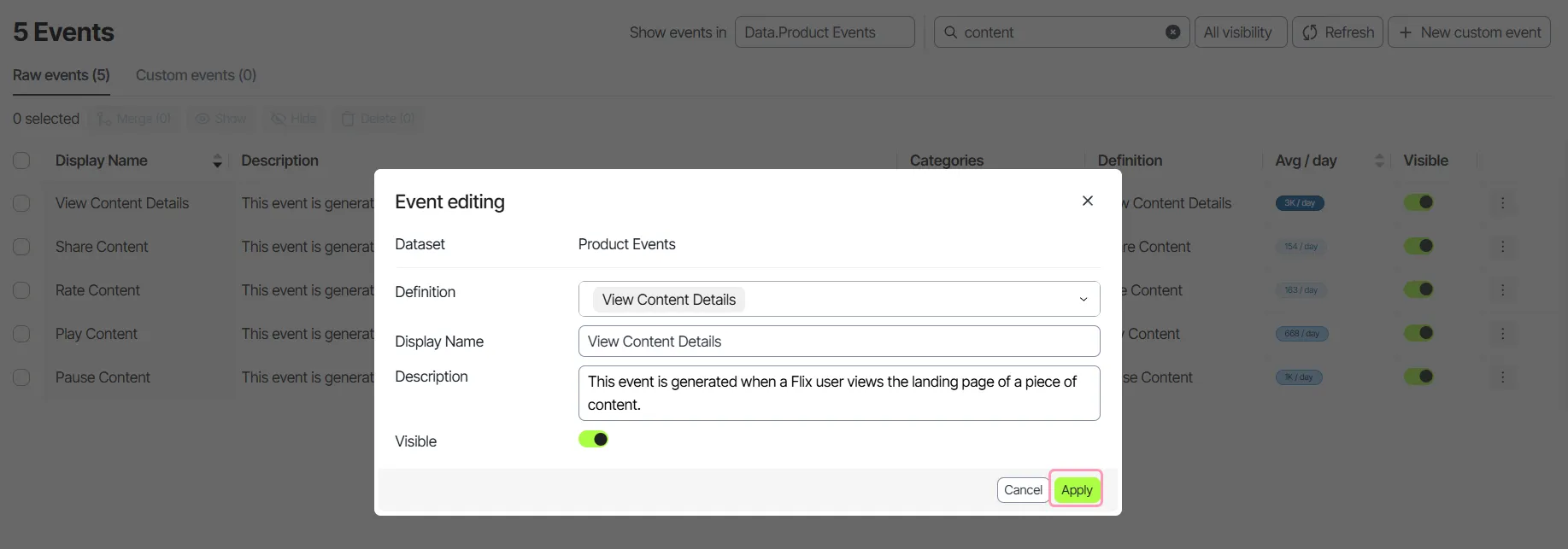 Click Apply to save event edits