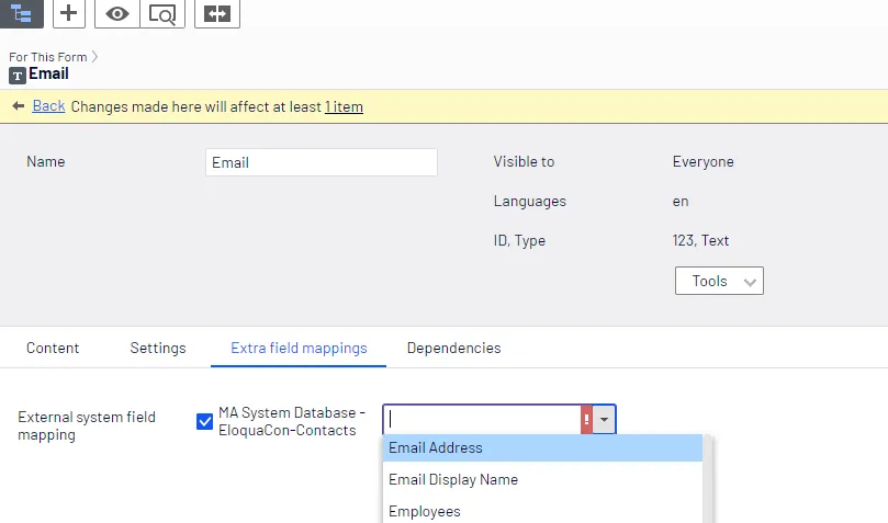 Mapping an Eloqua database field to form field Mapping an Eloqua database field to form field