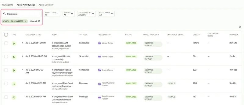 screenshot of the Agent Activity Logs tab where an agent name is entered in the Search by agent name field