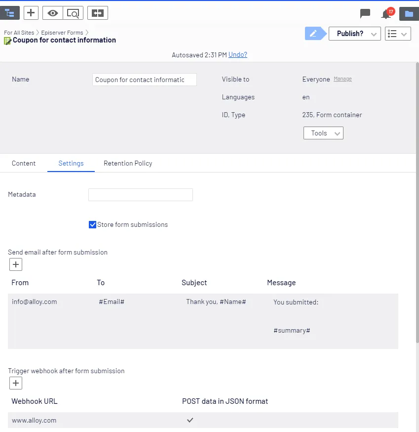 New form container Settings tab