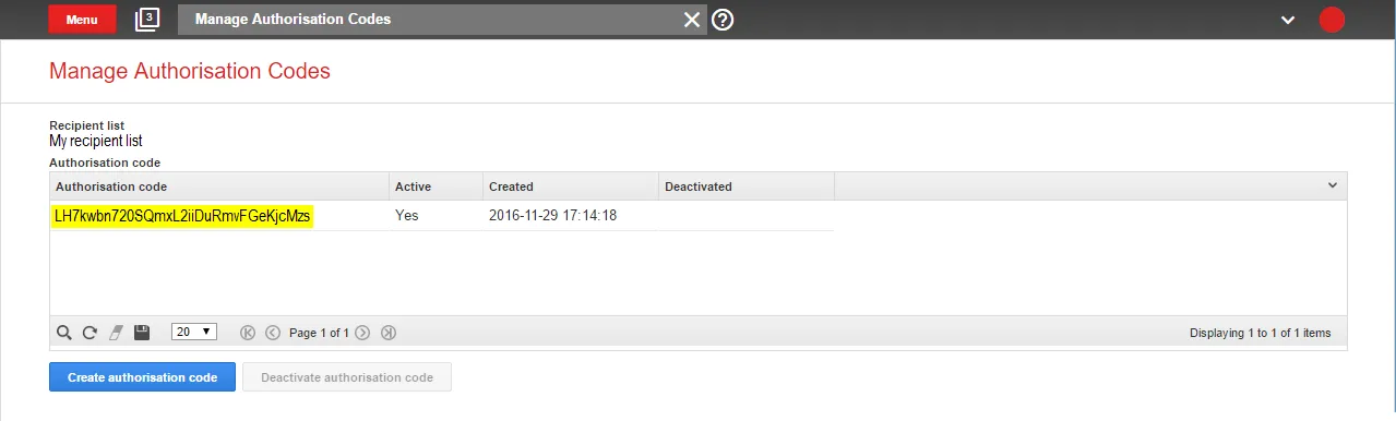 Image: Manage Authorization Codes screen Image: Manage Authorization Codes screen