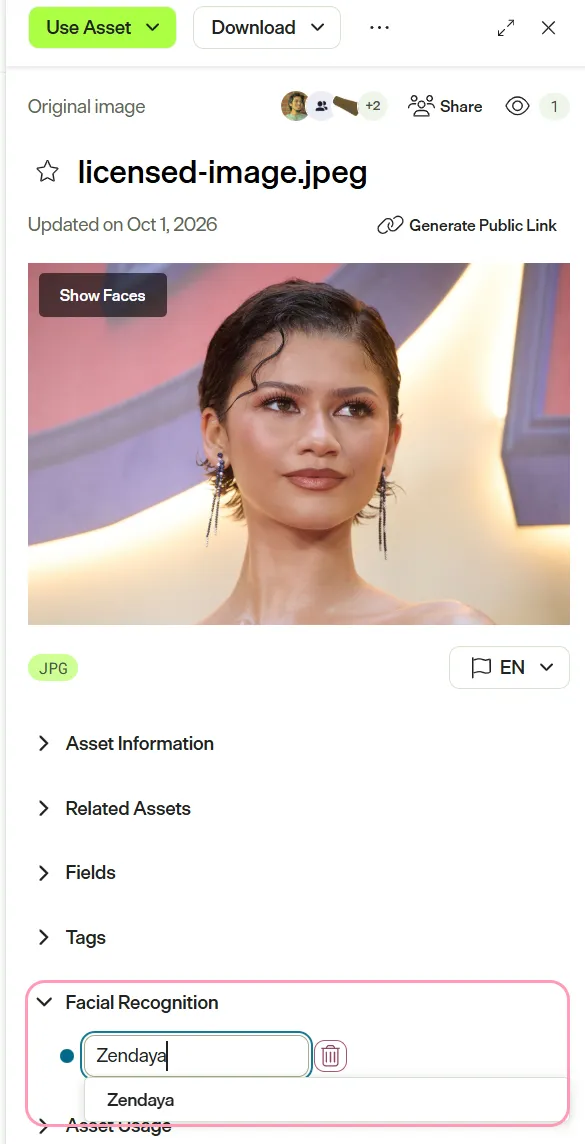 Screenshot showing rename or remove options in the Facial Recognition section of an asset