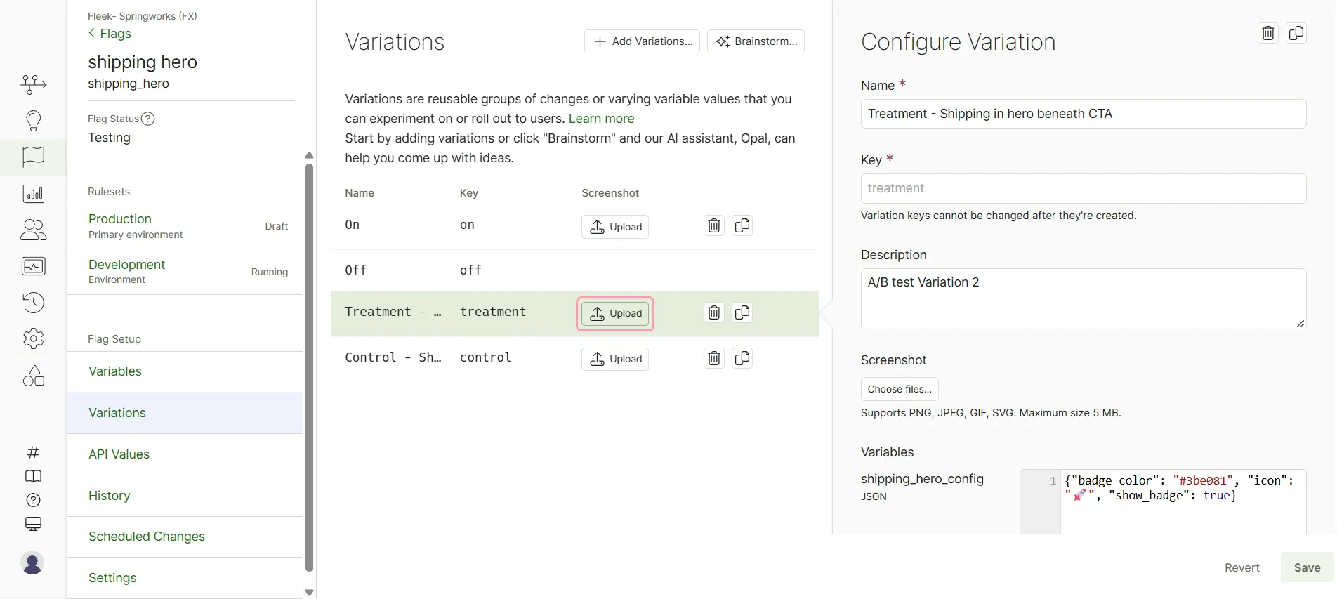 screenshot of the Variations page where Upload is highlighted in the Screenshot column