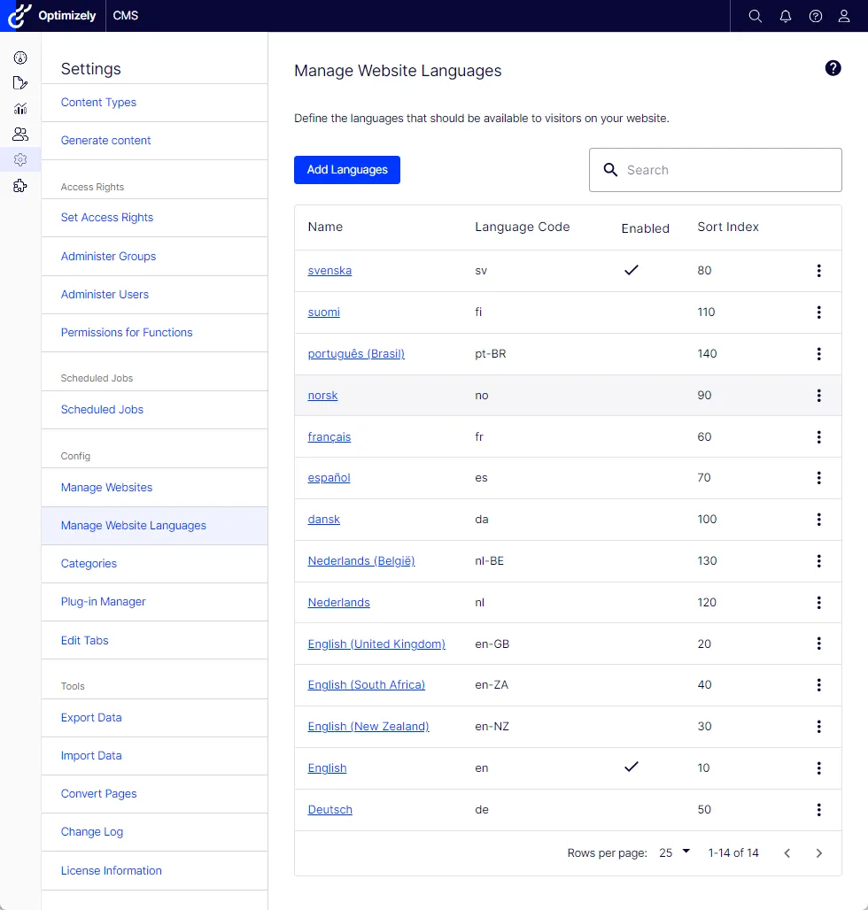 Manage website languages Manage website languages