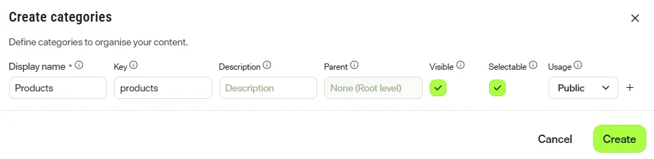 Screenshot of the create category form where the fields define a new category Screenshot of the create category form where the fields define a new category
