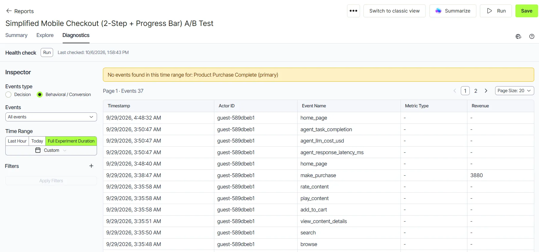 screenshot of the Diagnostics tab event table where conversion event columns display for an Optimizely-hosted experiment screenshot of the Diagnostics tab event table where conversion event columns display for an Optimizely-hosted experiment