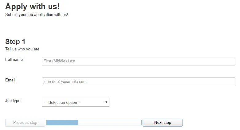 Entering data in Step 1 of the Job application multi-page form Entering data in Step 1 of the Job application multi-page form