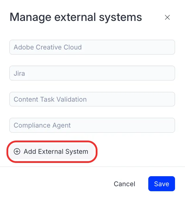 Screenshot of the CMP Add External System dialog with a text field for the external system name