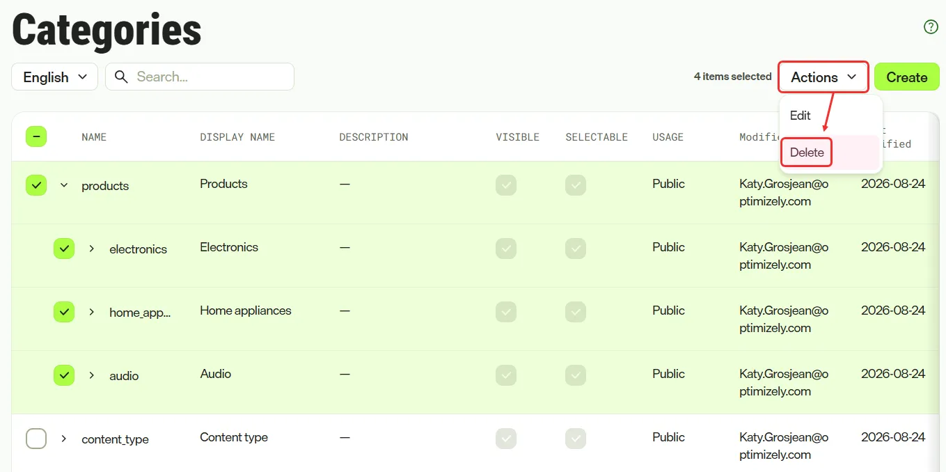 Screenshot of the Categories page where selected checkboxes and the Actions menu enable bulk deletion Screenshot of the Categories page where selected checkboxes and the Actions menu enable bulk deletion