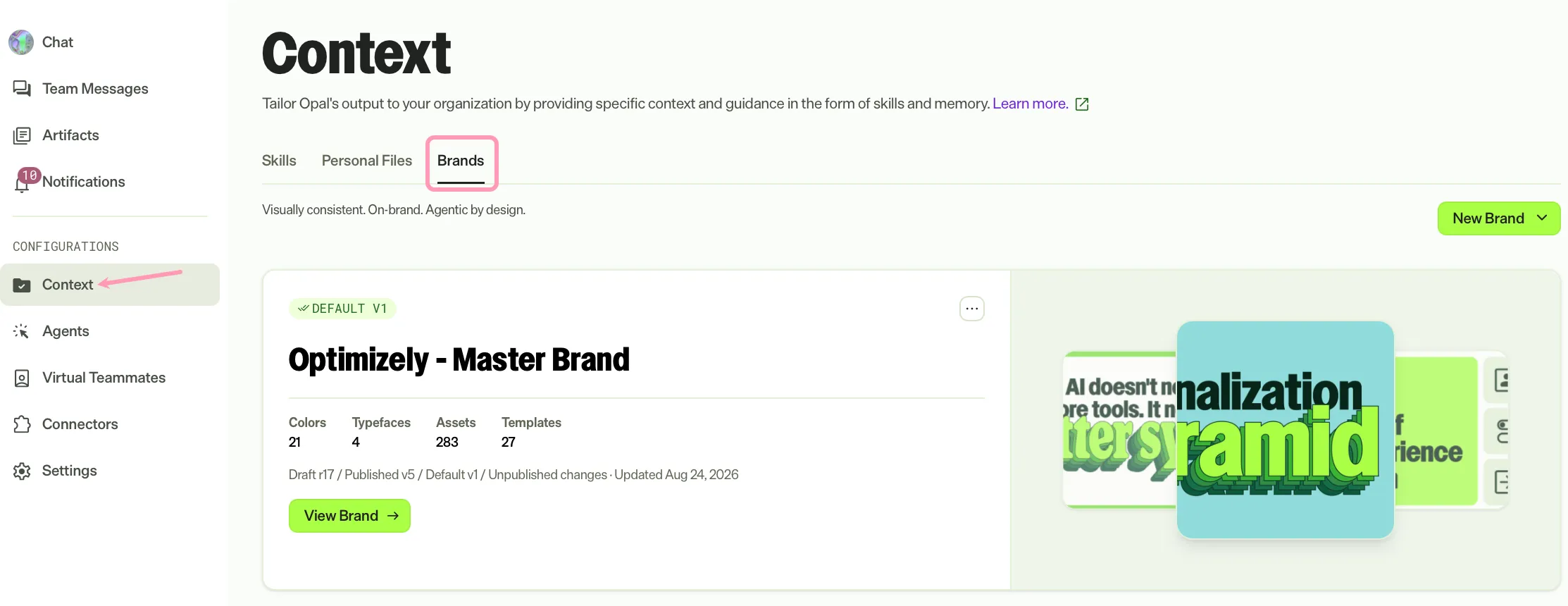 Screenshot of the Brand Packs page in Opal where the Brand Packs tab lists each Brand Pack as a card