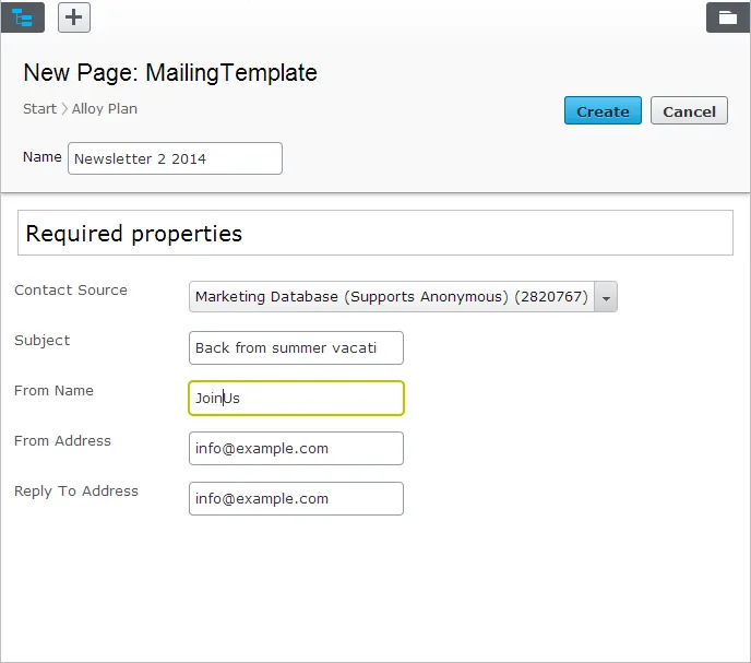New page, properties New page, properties