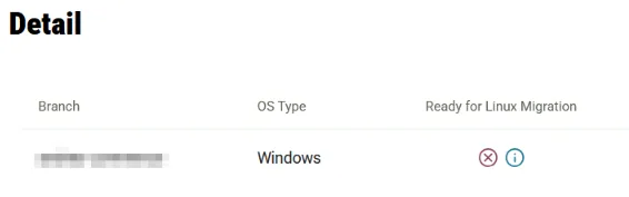 Screenshot of the Mission Control instance detail page where the Ready for Linux Migration column displays No Linux build found