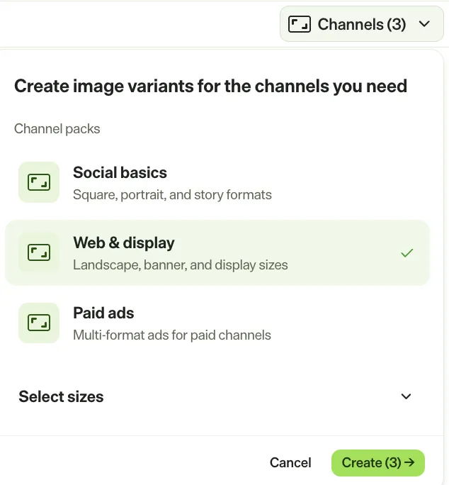 screenshot of the Variants panel where the Social basics, Web & display, and Paid ads channel packs are listed. screenshot of the Variants panel where the Social basics, Web & display, and Paid ads channel packs are listed.
