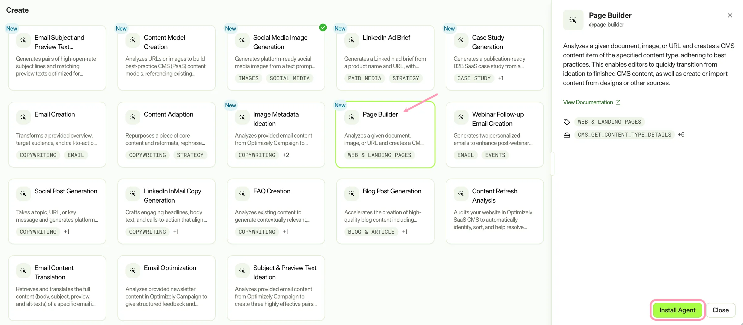 screenshot of the Directory Agents page where Install is selected for Page Builder screenshot of the Directory Agents page where Install is selected for Page Builder