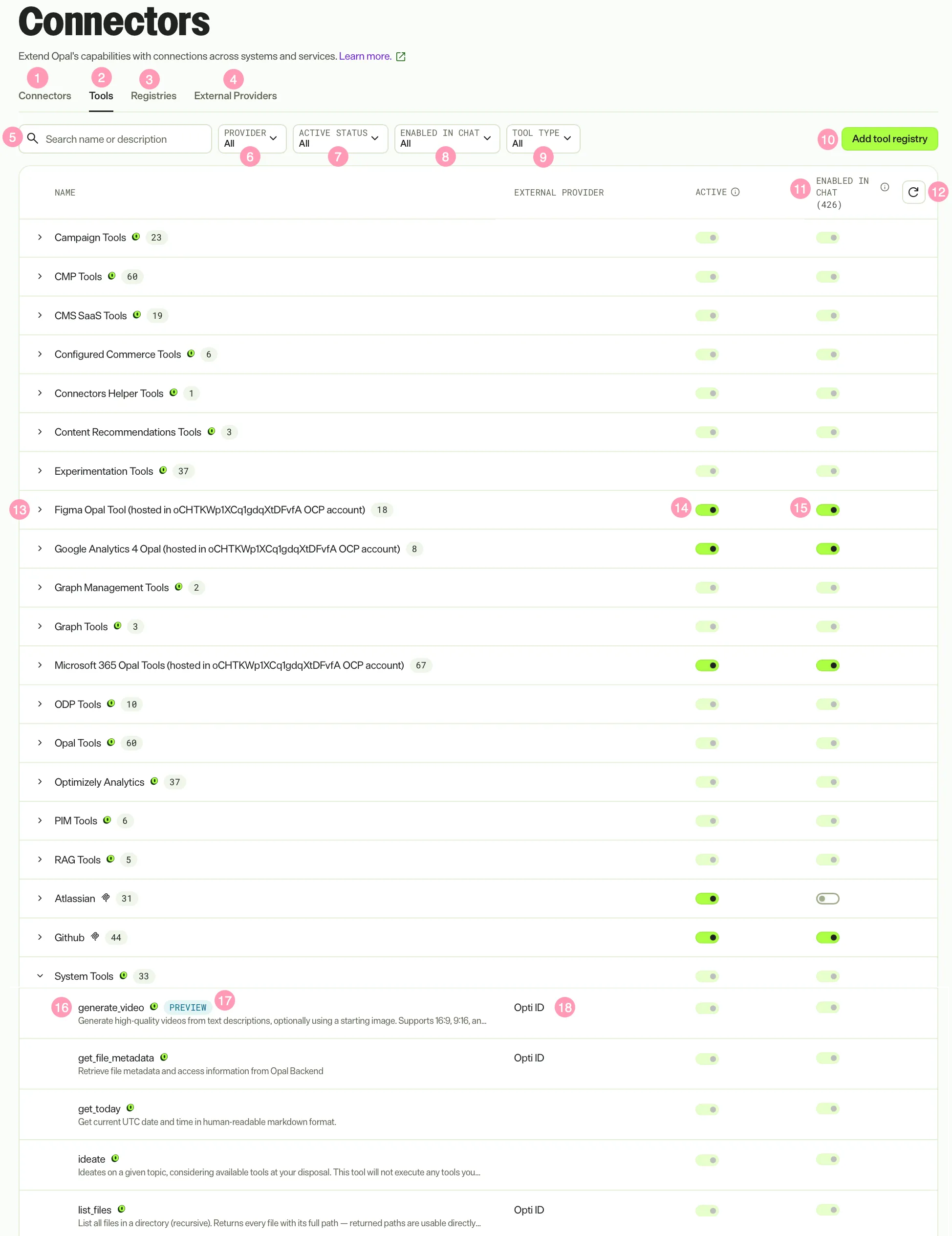 The Tools tab, with registries, filters and chat enablement