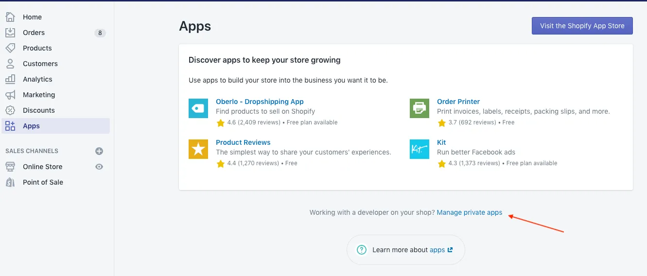 Manage private apps link Manage private apps link