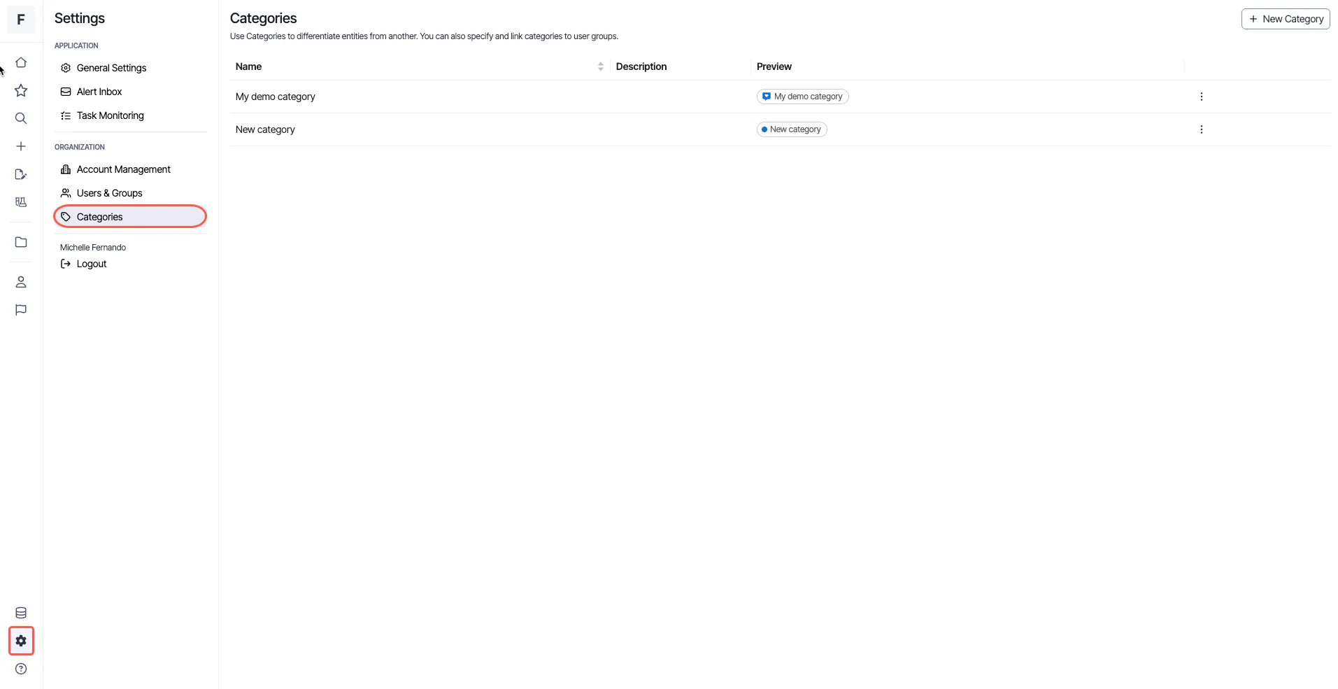 screenshot of the Categories page in Settings where two categories display with a preview of each tag