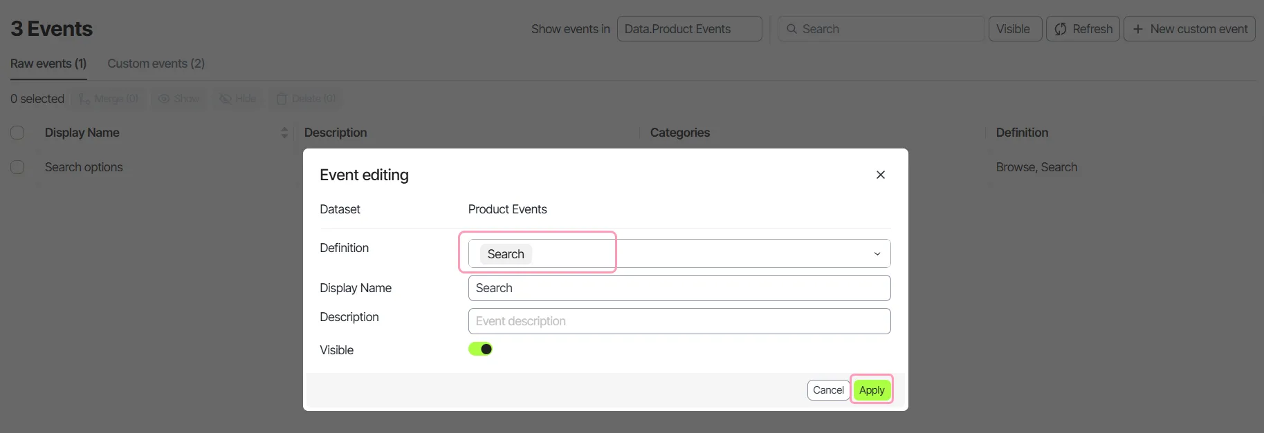Remove events from the Definition field and click Apply to unmerge