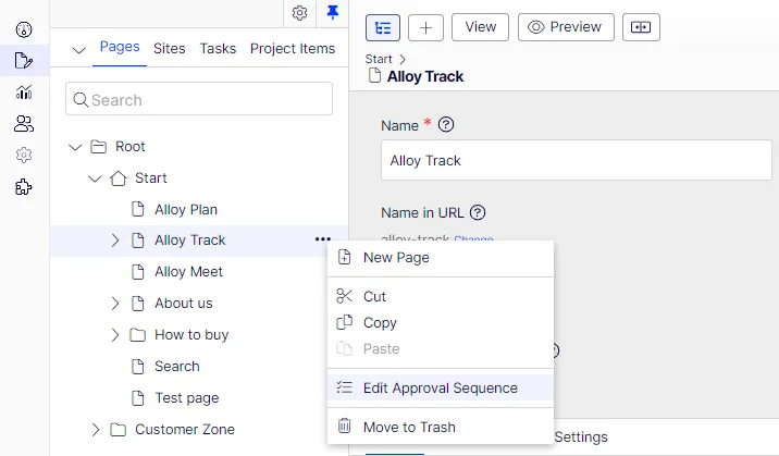 The approval sequence overview is opened from a page's or assets folder's context
menu