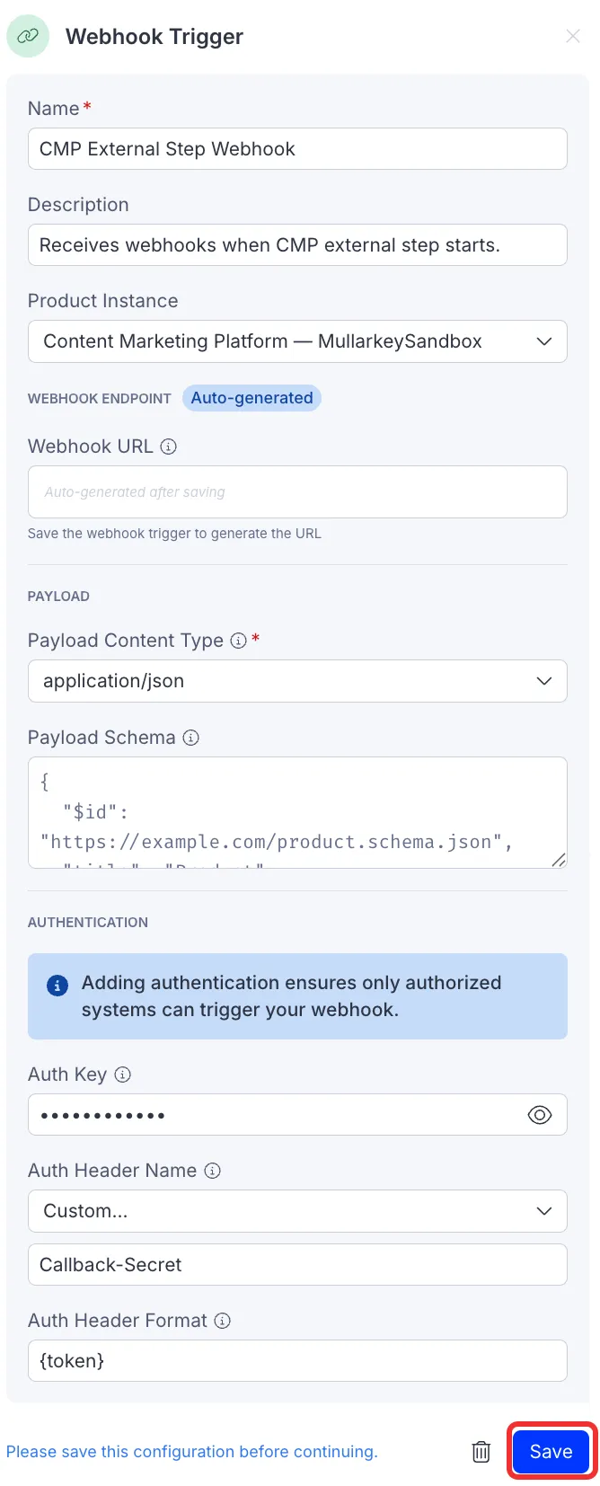 Screenshot of the Opal Webhook trigger configuration panel with all fields completed, including Auth Key, Auth Header Name set to Custom, and Auth Header Format set to {token}