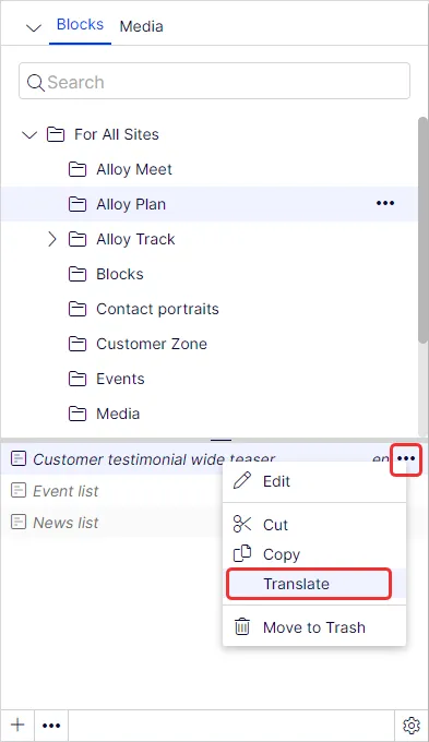 Select the desired block to translate in the block structure and then the
Translate option in the context menu