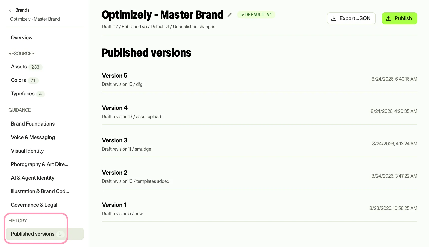 Screenshot of the Published versions page where each published Brand Pack version is listed