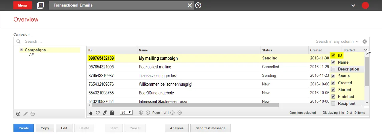 Image: Copy Mailing ID for your campaign from the ID column Image: Copy Mailing ID for your campaign from the ID column