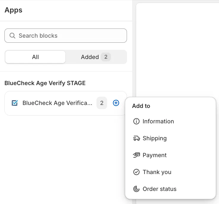 Where to add BlueCheck in Shopify Extensions Where to add BlueCheck in Shopify Extensions
