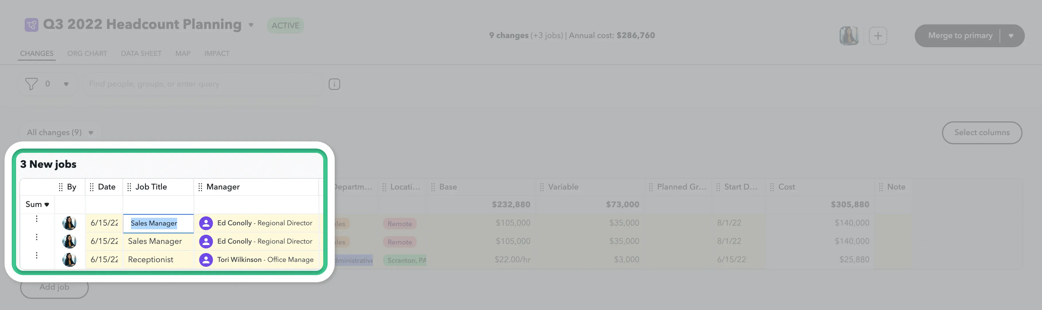 Edit a job directly from the Changes tab.