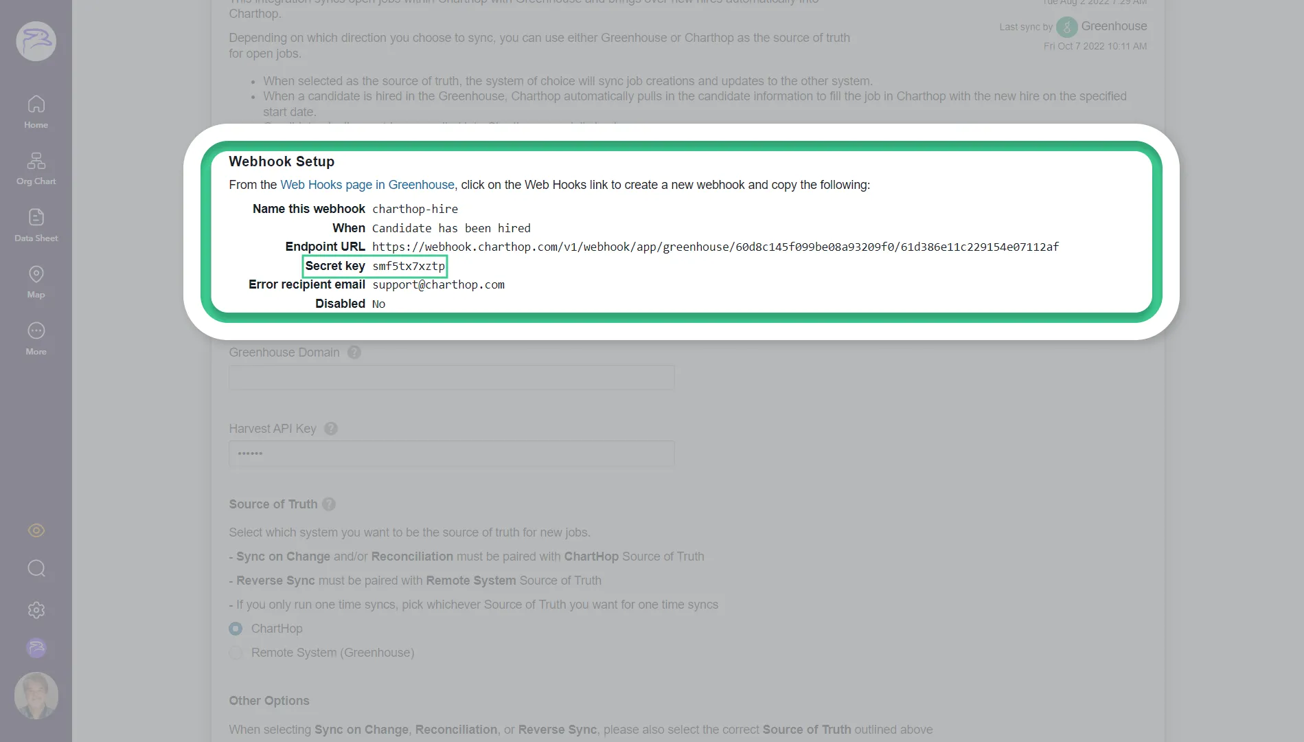 Copy your generated Secret key to enable your web hook in Greenhouse.