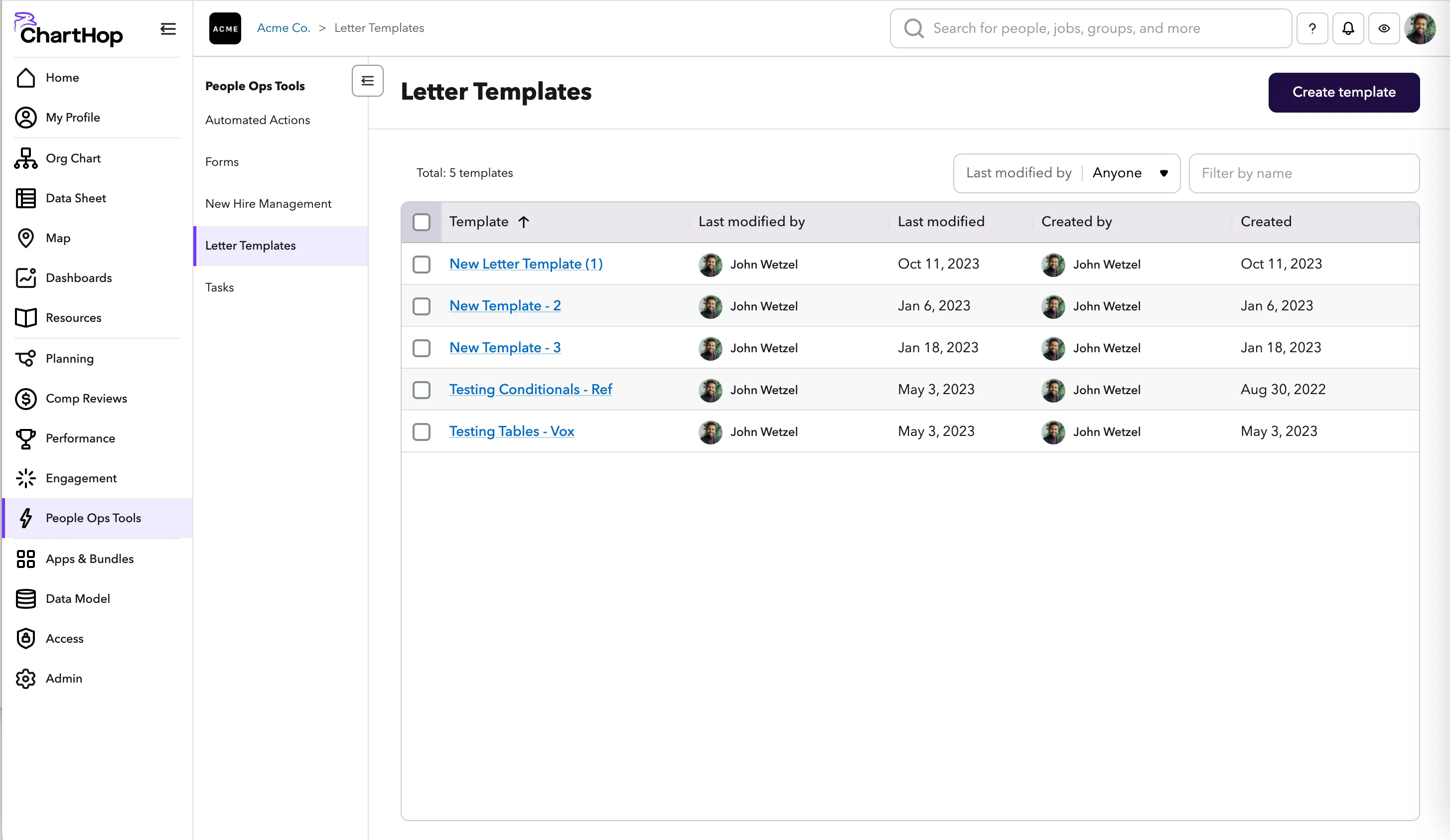 Templates page