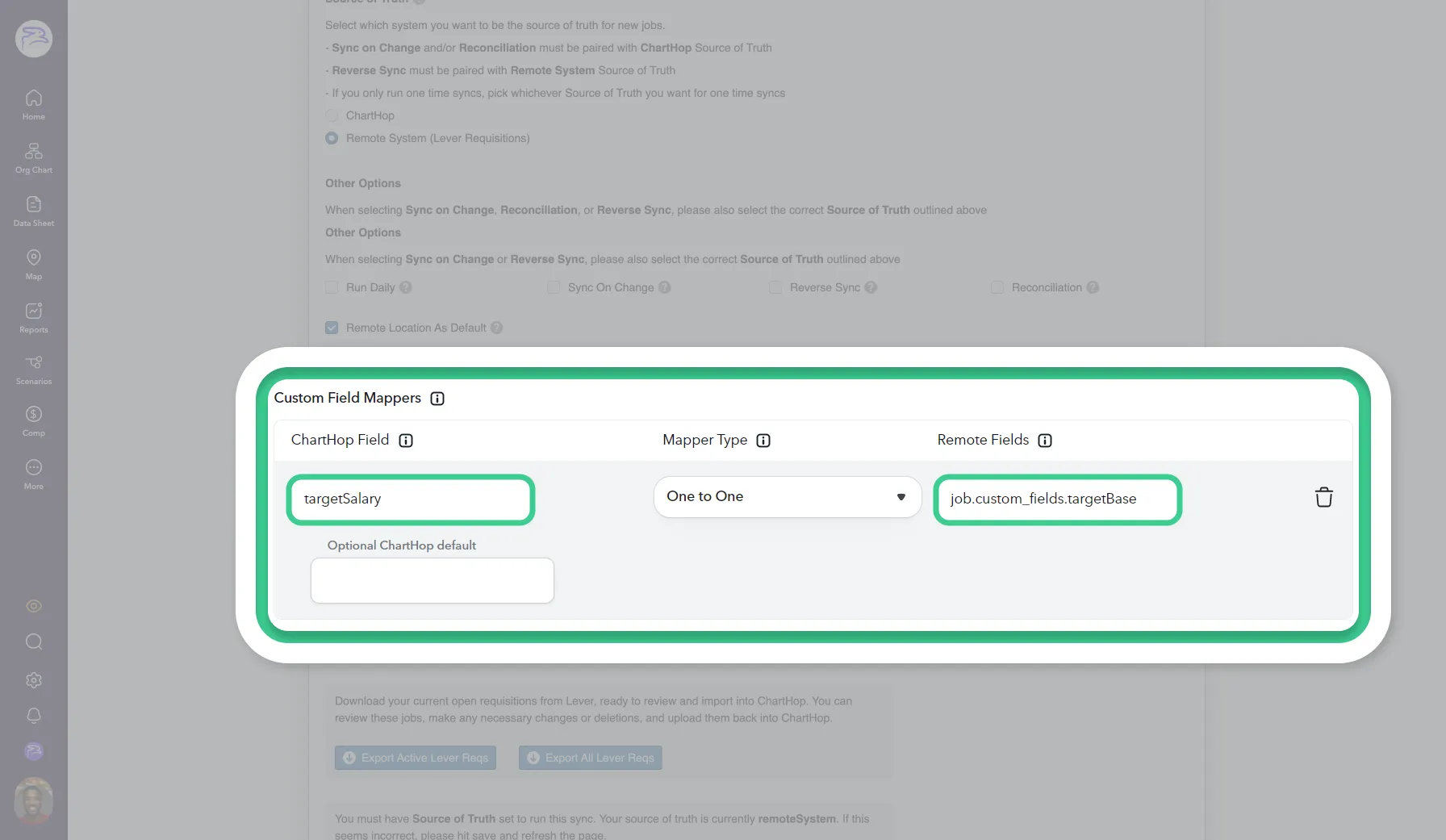The custom ChartHop Field: targetSalary is mapped to the custom Remote Field: targetBase.