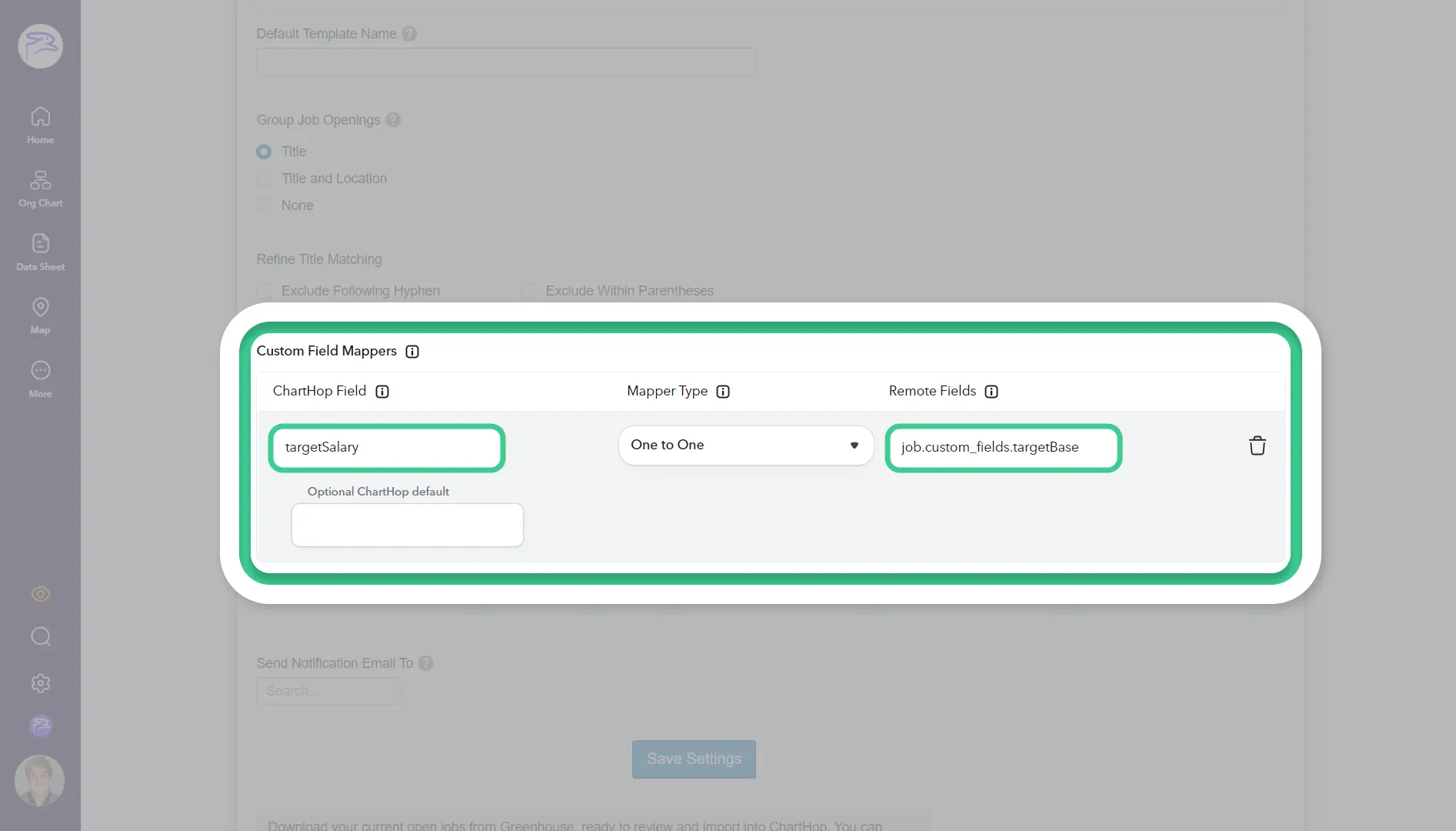 The custom ChartHop Field: targetSalary is mapped to the custom Greenhouse Remote Field: targetBase. The custom ChartHop Field: targetSalary is mapped to the custom Greenhouse Remote Field: targetBase.