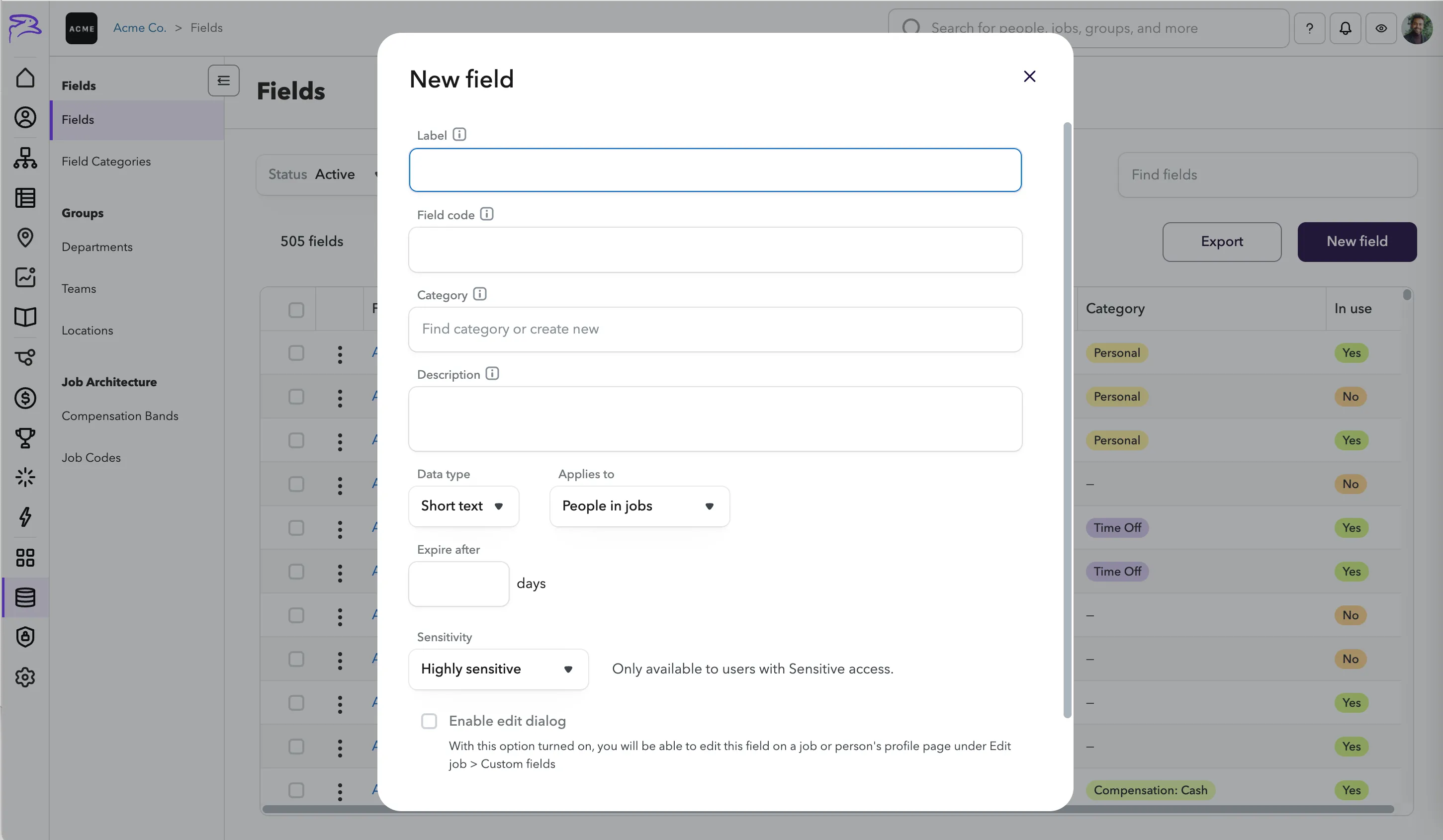 The Create field dialog