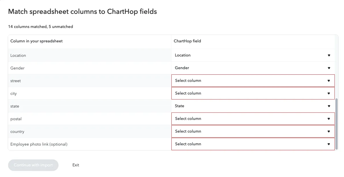 Matching ChartHop fields to spreadsheet columns