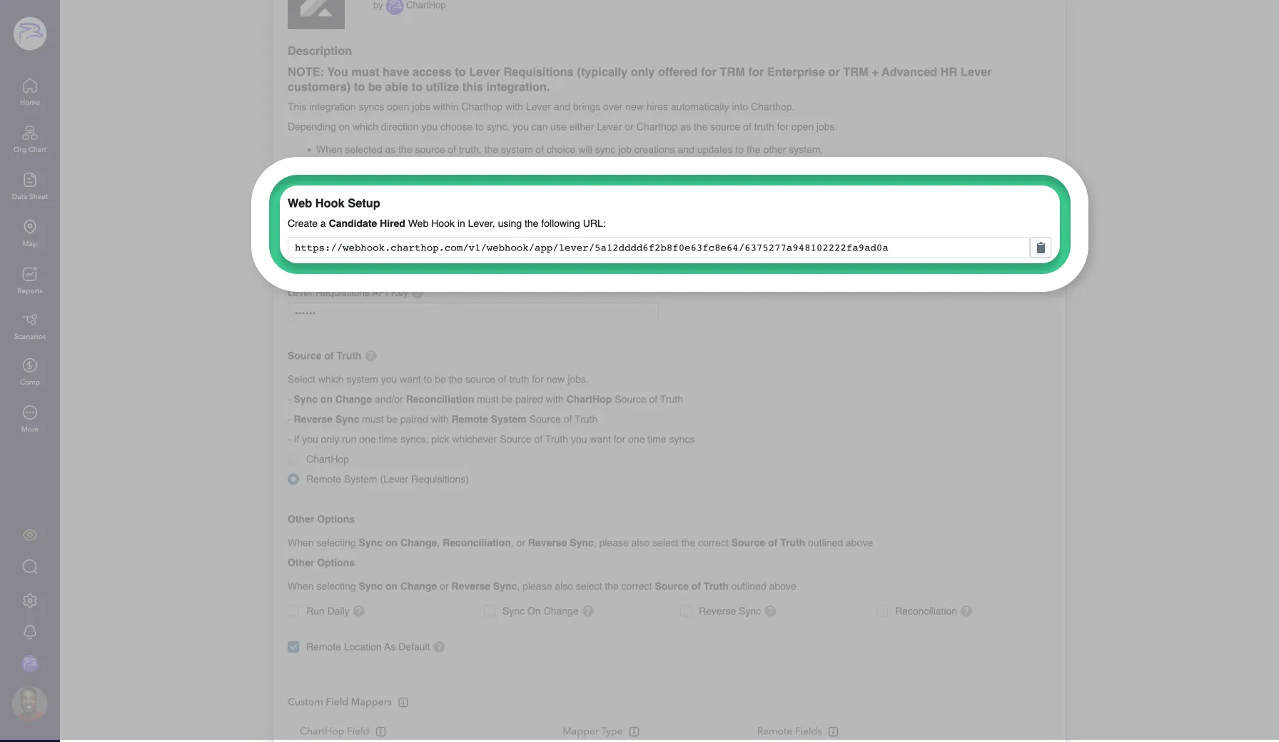 Copy your created API key to enable your web hook in Lever.