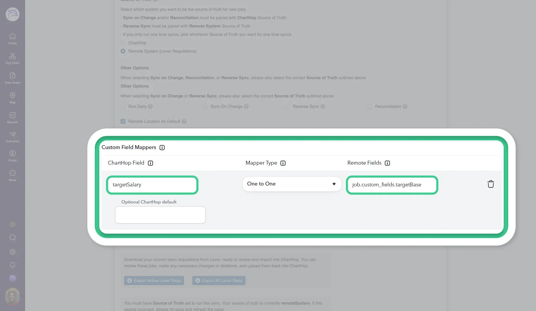 The custom ChartHop Field: targetSalary is mapped to the custom Remote Field: targetBase.
