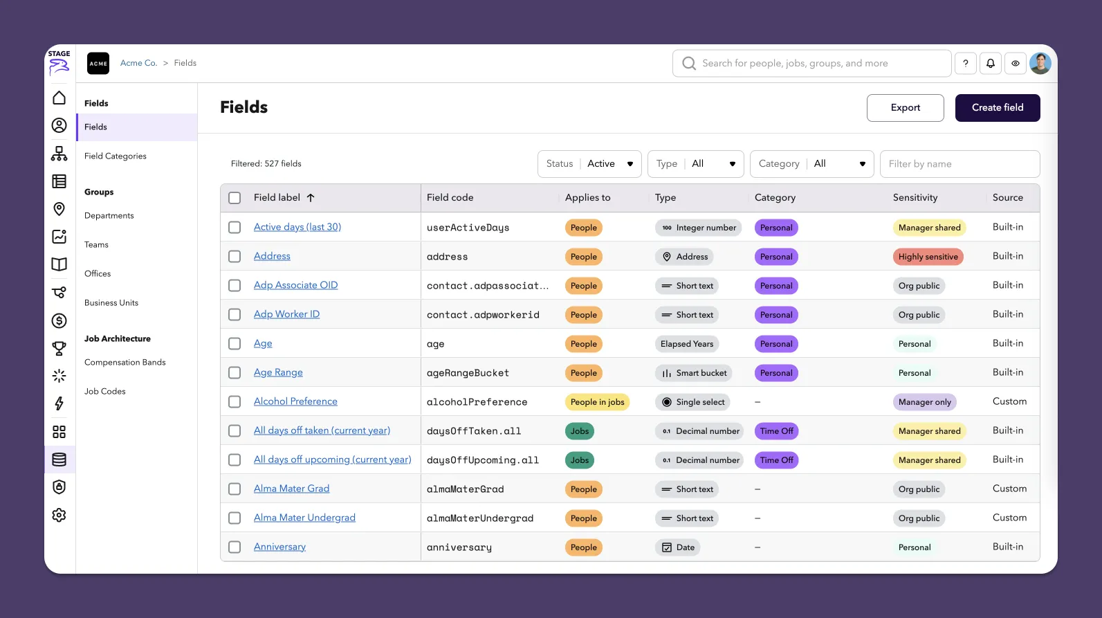 Fields page screenshot