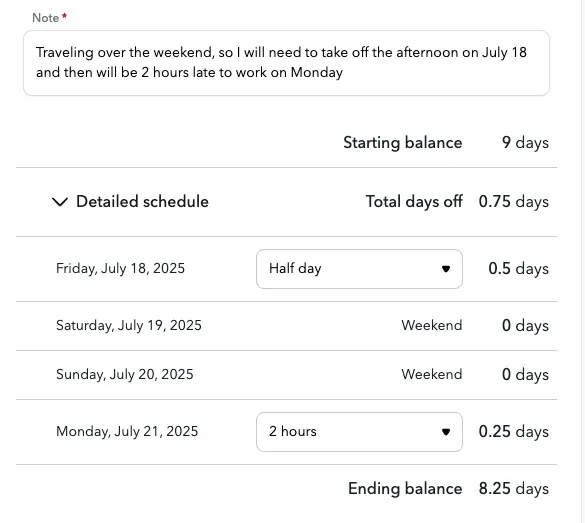 Partial days request example