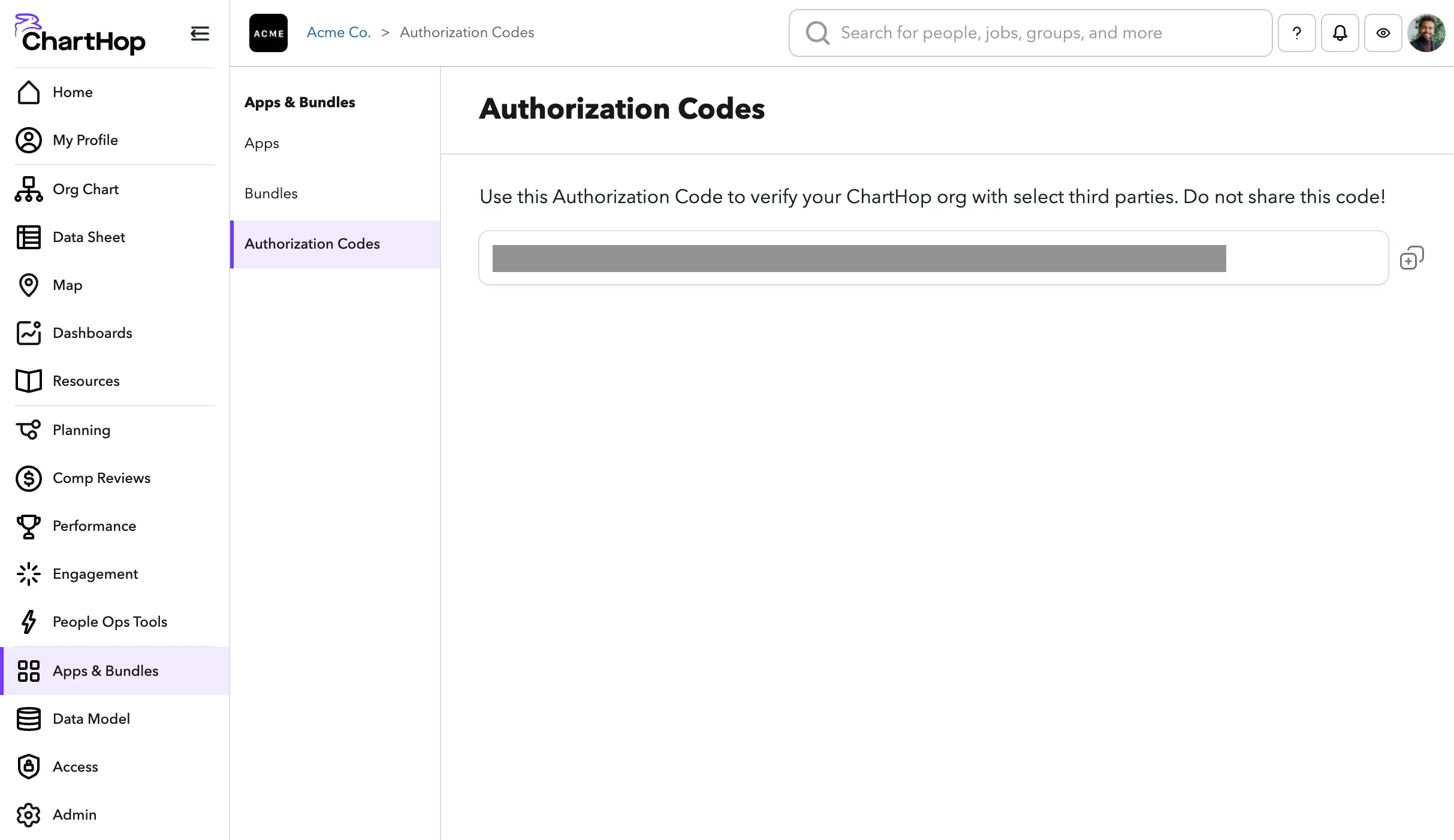 Find your authorization code on ChartHop