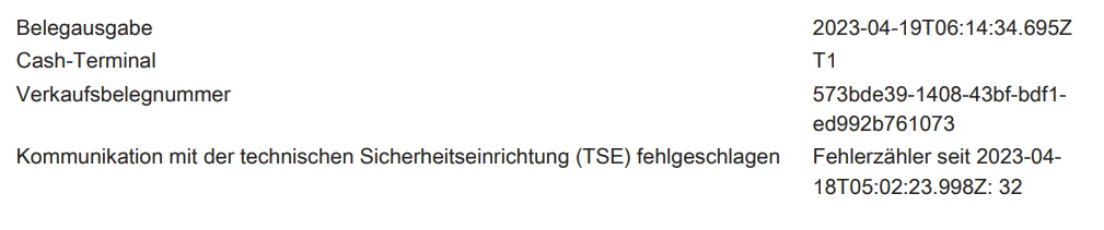 Beispiel für einen Zahlungsbeleg bei einm TSE-Ausfall