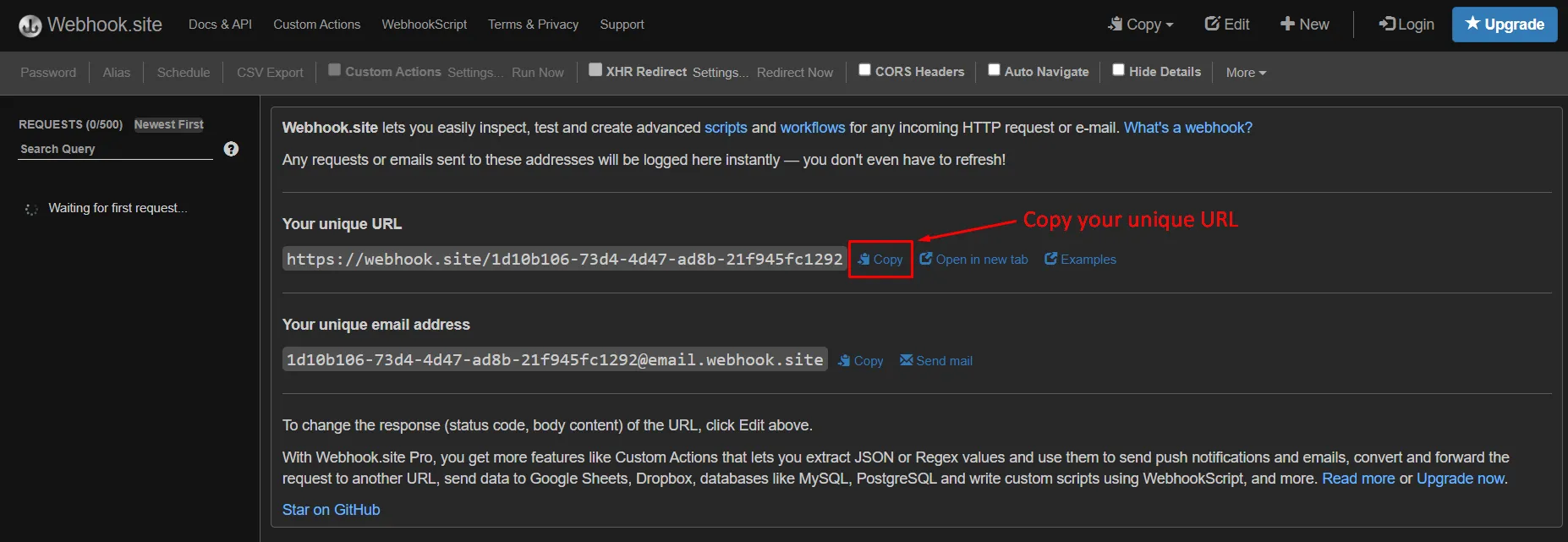 Webhook.site copy your unique URL