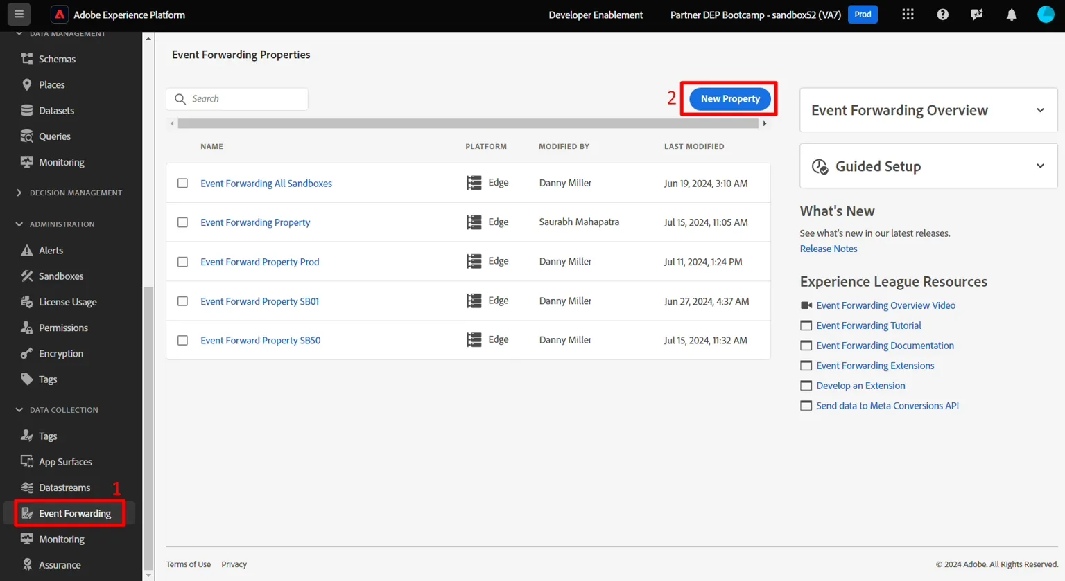 Create a new event forwarding property